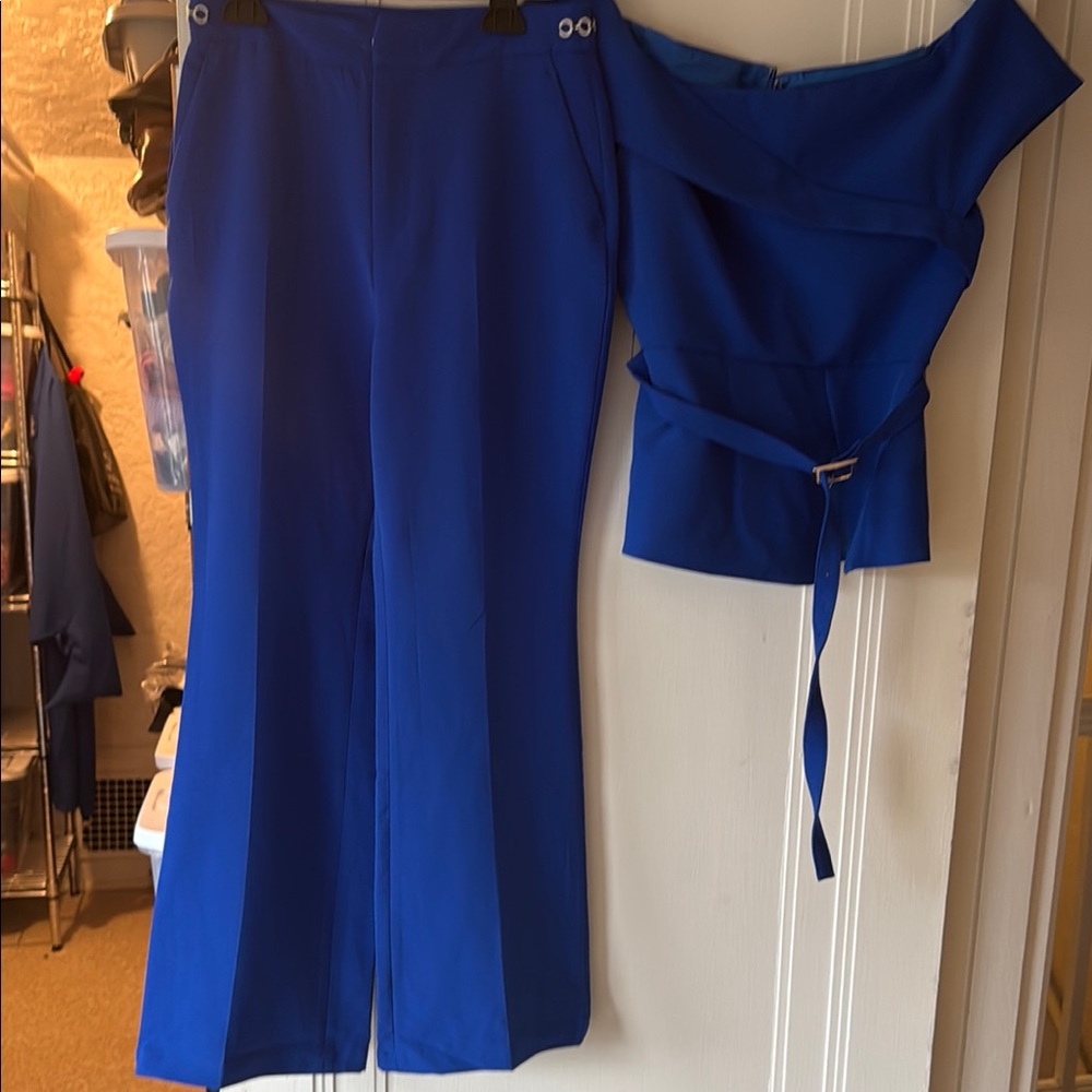 Vibrant Blue Palazzo Trousers with Stylish Wrap Top